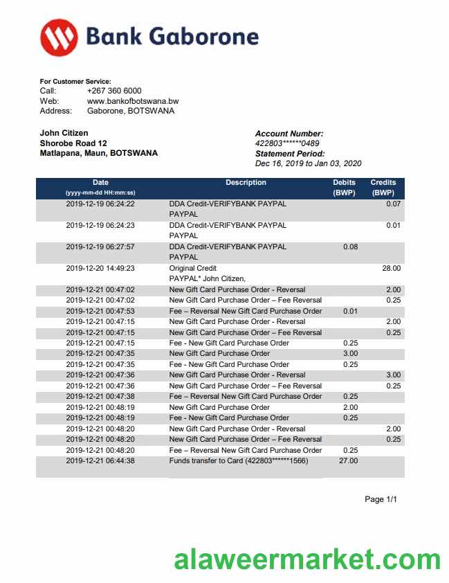 Botswana Bank Gaborone bank statement